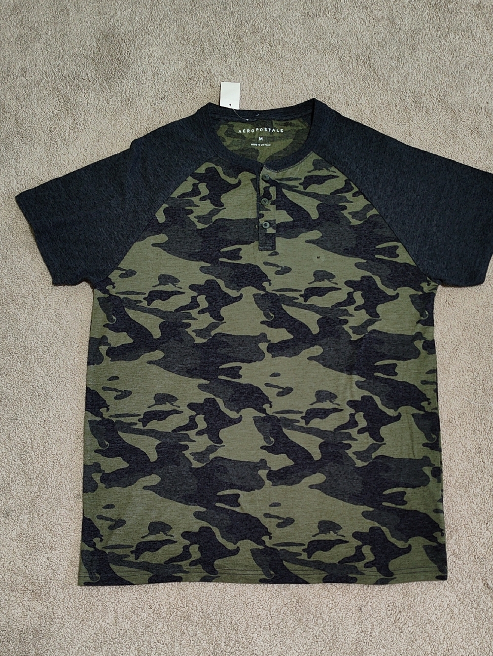 Aeropostale Men’s Olive Camo Henley with Dark Gray Raglan Sleeves